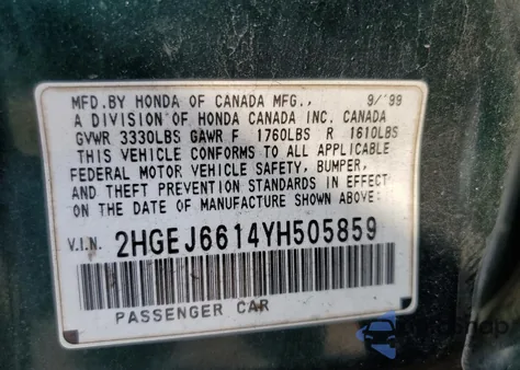 2000 Honda Civic Base из США, поврежденный, VIN 2HGEJ6614YH505859